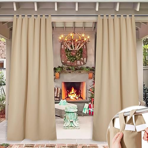 NICETOWN Detachable Sticky Tab Top Thick Long Outdoor Curtain for Patio Waterproof, W52 x L108, Triple Weave Sun Block Wind Prevention, Thick Enough Protect You from Sun/Rain, Biscotti Beige, 1 Piece