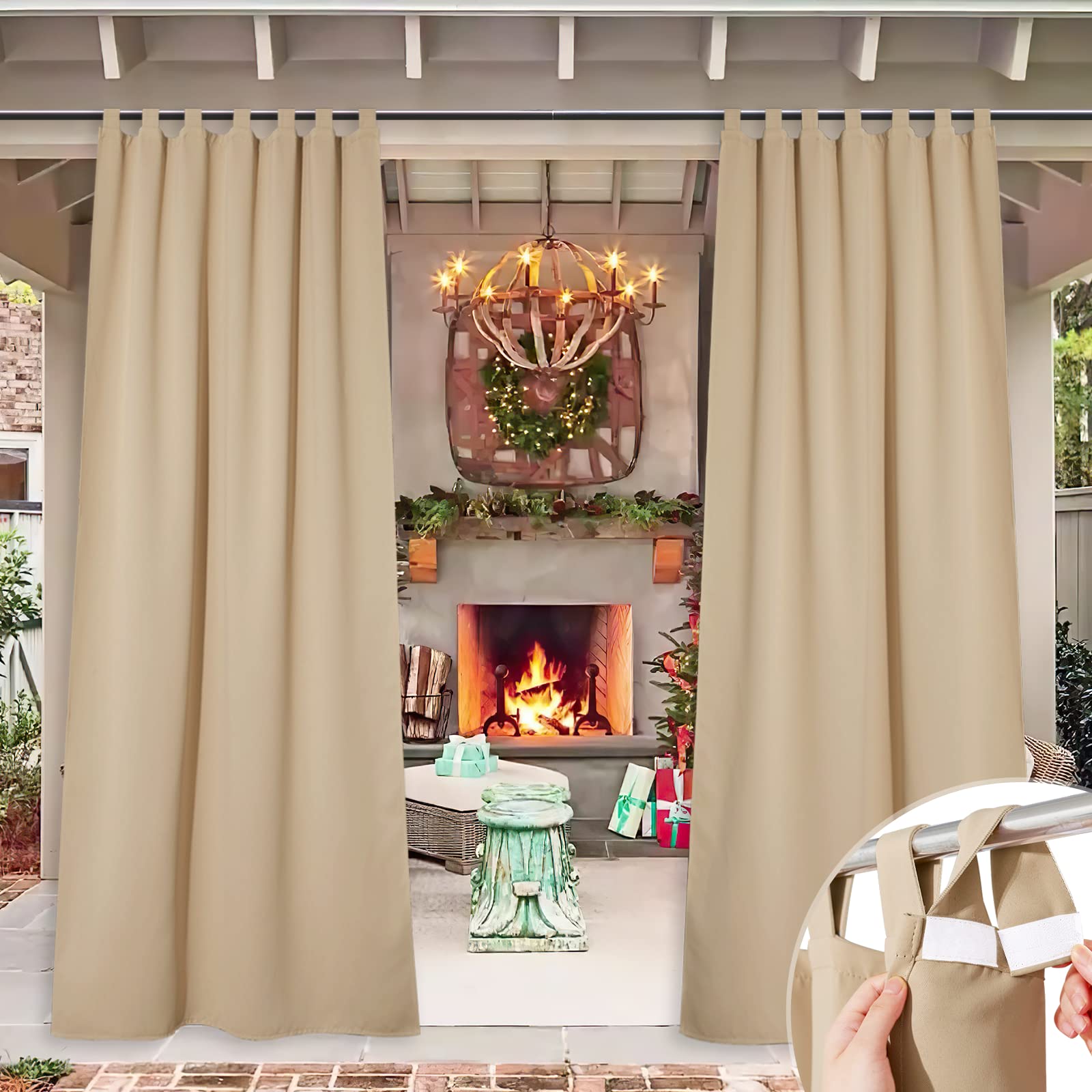 Photo 1 of NICETOWN Detachable Sticky Tab Top Thick Long Outdoor Curtain for Patio Waterproof, W52 x L108, Triple Weave Sun Block Wind Prevention, Thick Enough Protect You from Sun/Rain, Biscotti Beige, 1 Piece