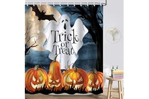 Atwqevon Halloween Shower Curtain, Halloween Ghost Pumpkin Shower Curtains for Bathroom, Spooky Bathroom Curtain Halloween Ghost Cute Funny Shower Curtains Bathroom Decor Set with Hooks 72"X72"
