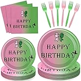 Havawish 96 Pcs Pink and Green Party Plates Witch Party Decorations 24 Set Pink and Green Paper Plates and Napkin Forks Witch Birthday Supplies Disposable Crown Magical Wand Witches Princess Castle