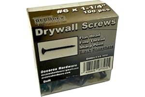 DECOREX HARDWARE #6 x 1-1/4" Drywall Screws – Fine Thread, Black Phosphate, Sharp Point, Bugle Head, Phillips Drive – Contractor Grade Wood & Drywall Fasteners + Driver Bit Included (100pcs)