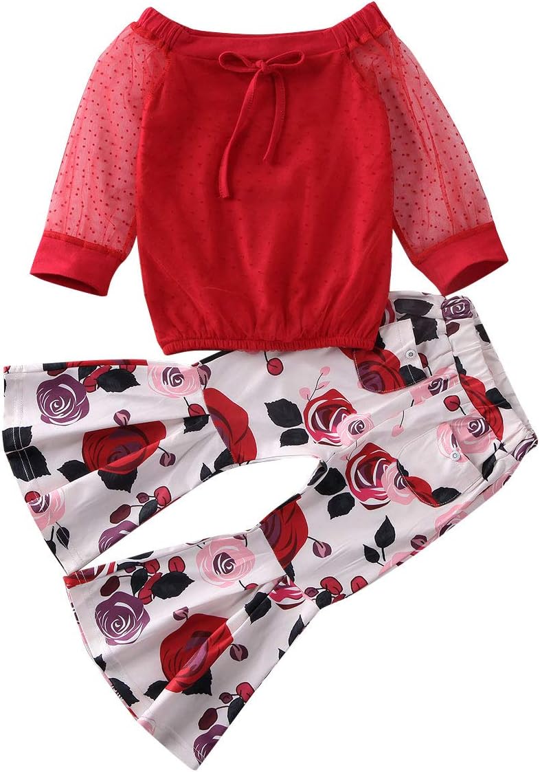 2Pcs Toddler Girl Off Shoulder Floral Crop Top + Stripe Trousers Bell Long Wide Leg Pants Outfit