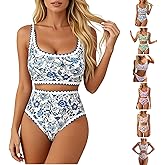 Women's Bikini Swimsuits High Waisted Retro Floral Scalloped Trim Two Piece Swimsuit Tummy Control Bathing Suit