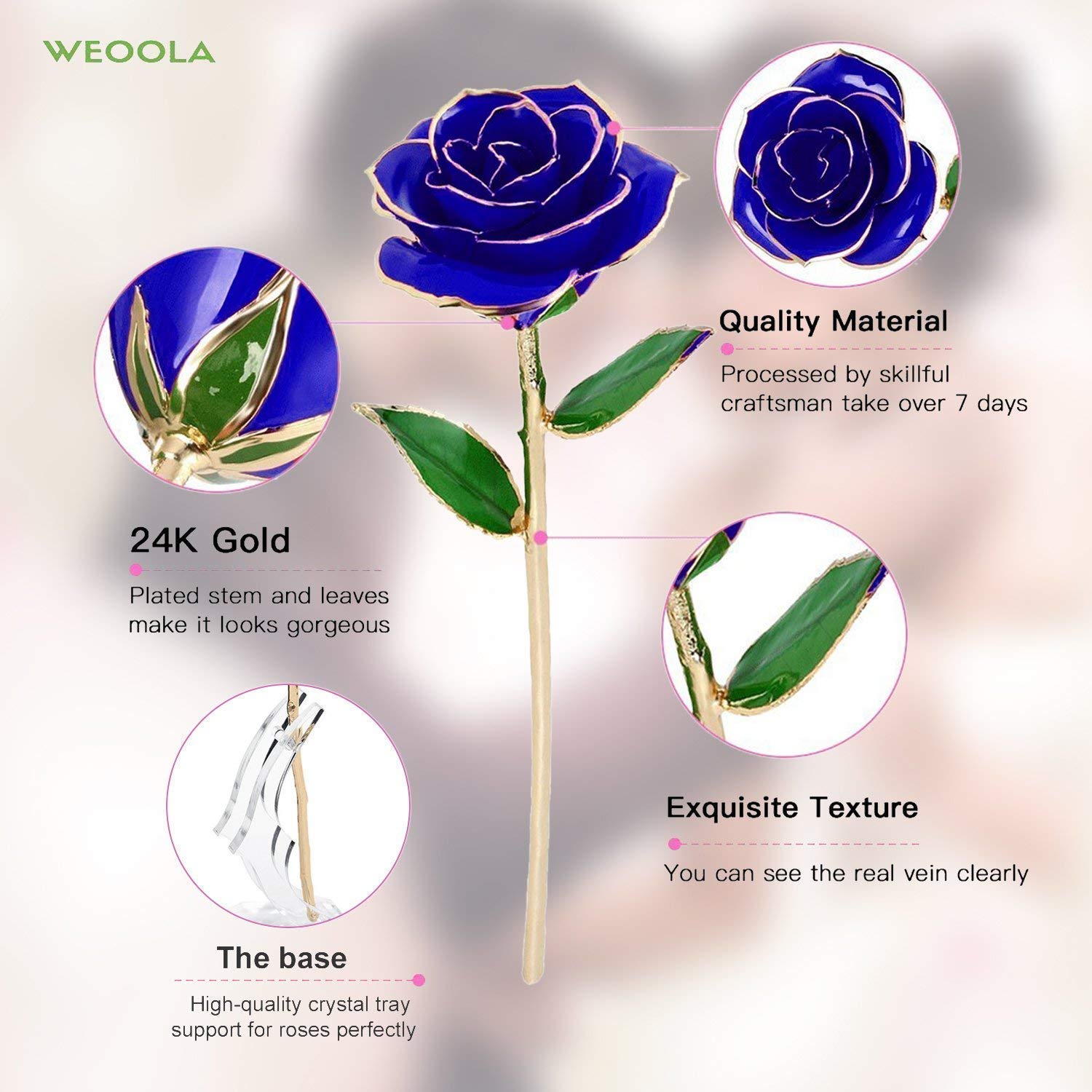 U-Kiss 24K Gold Rose Artificial Flowers, Long Stem Gold Rose Dipped, Gold Foil Trim Rose in Gift Box Women, Wedding, Party, Anniversary, Birthday, Valentines, Home Decor, Blue Rose Stand