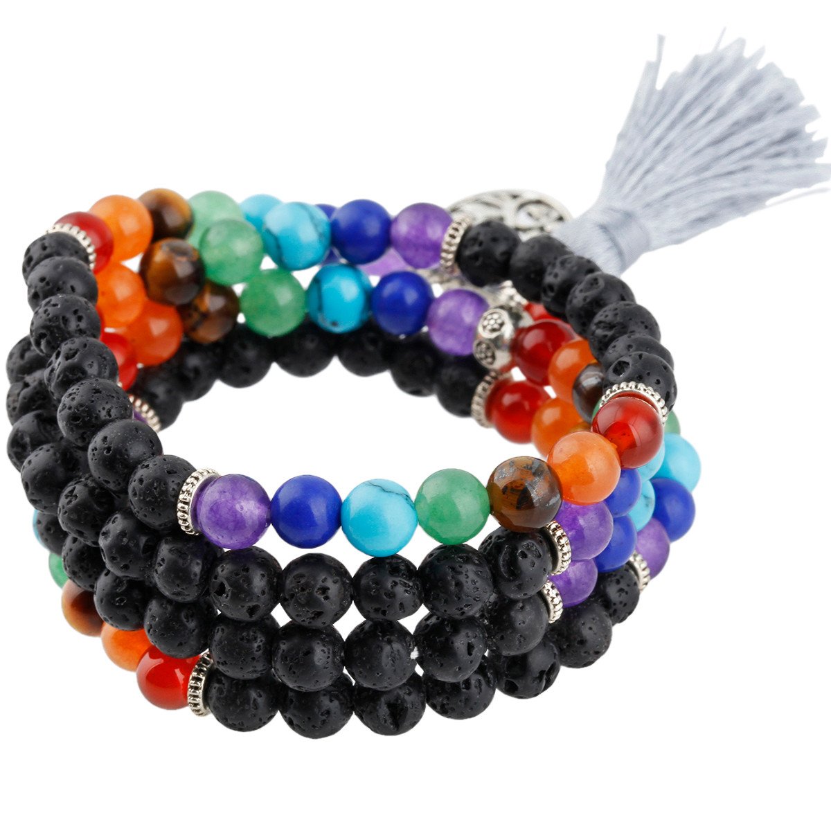 KYEYGWO 108 Prayer Mala Beads Wrap Wrist Bracelet for Women & Men, Tibetan Buddhist Meditation Stone Necklace for Unisex Elastic, Black Lava Rock