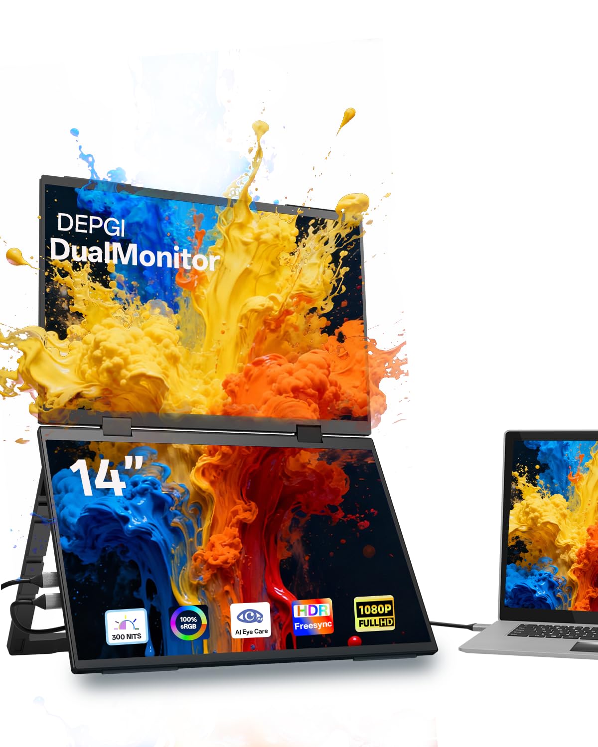 Photo 1 of DEPGI 14" Dual Portable Laptop Screen Extender, Stacked Dual Portable Monitor for 13"-16" Laptops, Foldable Triple Screen with 30W PD Adapter, USB-C One-Cable Plug & Play for MacBook, Windows