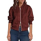 Lazysmile Women's Faux Suede Bomber Jackets Fall Fashion Outfits Winter Clothes Stand Collar Zip Up Coats Outwear