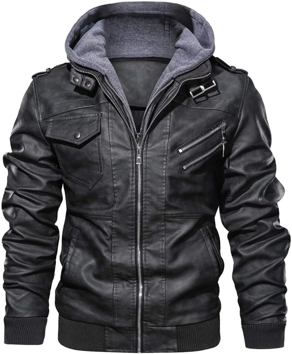 FGYYG Men's PU Leather Motorcycle Hooded Jacket Coat with Removable Hood Cool Jacket