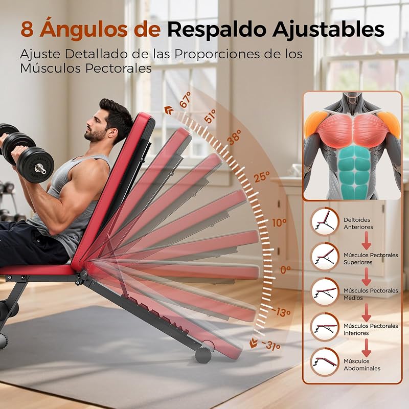 Banco de pesos ajustável para ginásio doméstico, capacidade de carga de 300 kg, banco de treino com 8 posições de encosto para peito, ombros e braços