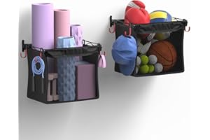 PLKOW Wall Mount Sports Ball Storage Rack 2 Pack, Ball Holder Home Gym Storage for Balls, Yoga Mat, Foam Roller, Toys, Heavy Duty Steel Frame with Oxford Cloth and Hooks, 2 Packs