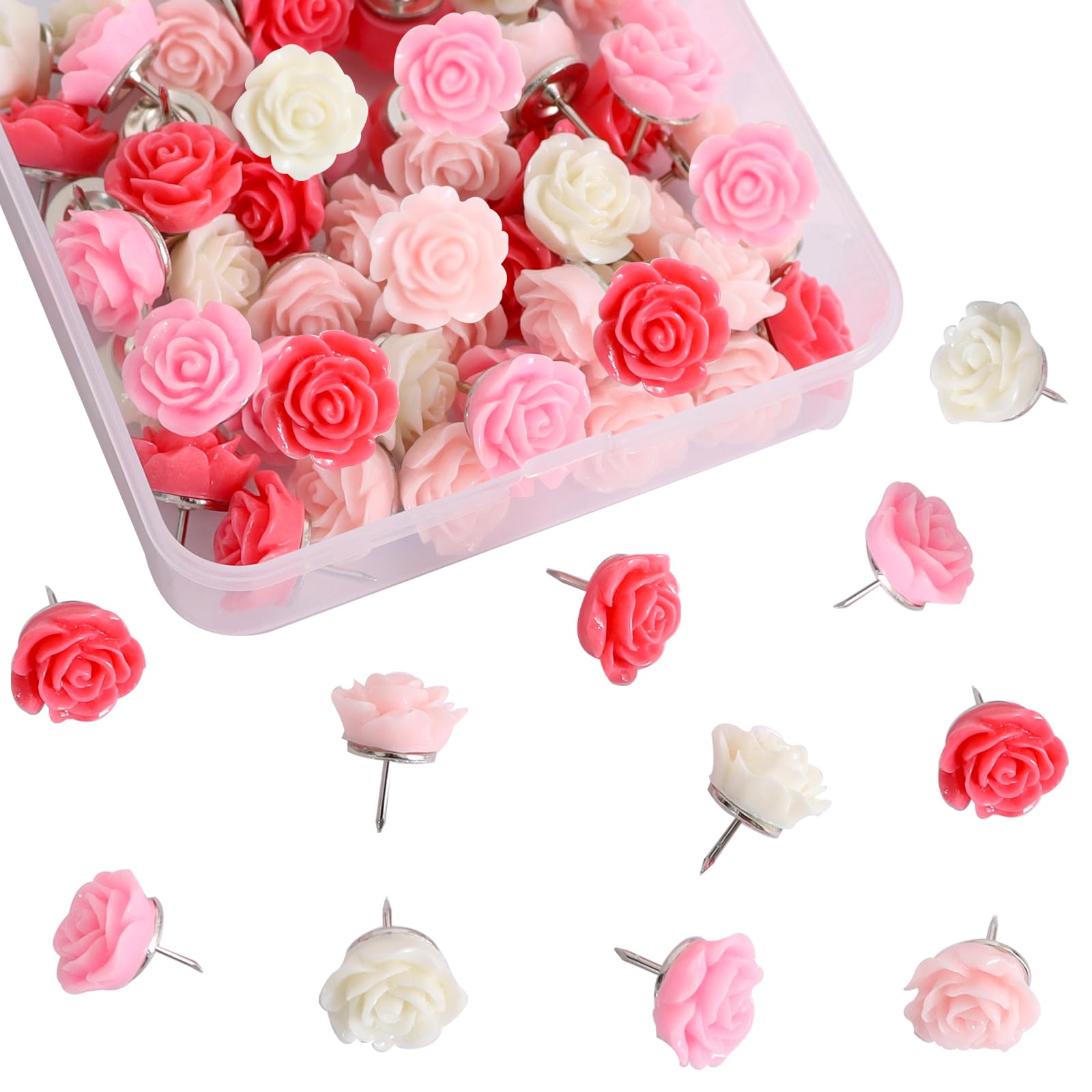 Vuzvuv 40 Pcs Red Rose Flower Push Pin with Gradient Color Decorative Thumbtacks Floret Flower Push Pins for School, Home, Office