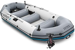 INTEX 68376EP Mariner 4 Inflatable Boat Set: Includes Deluxe 54in Boat Oars and High-Output Pump – Wear-Resistant Keel – Remo