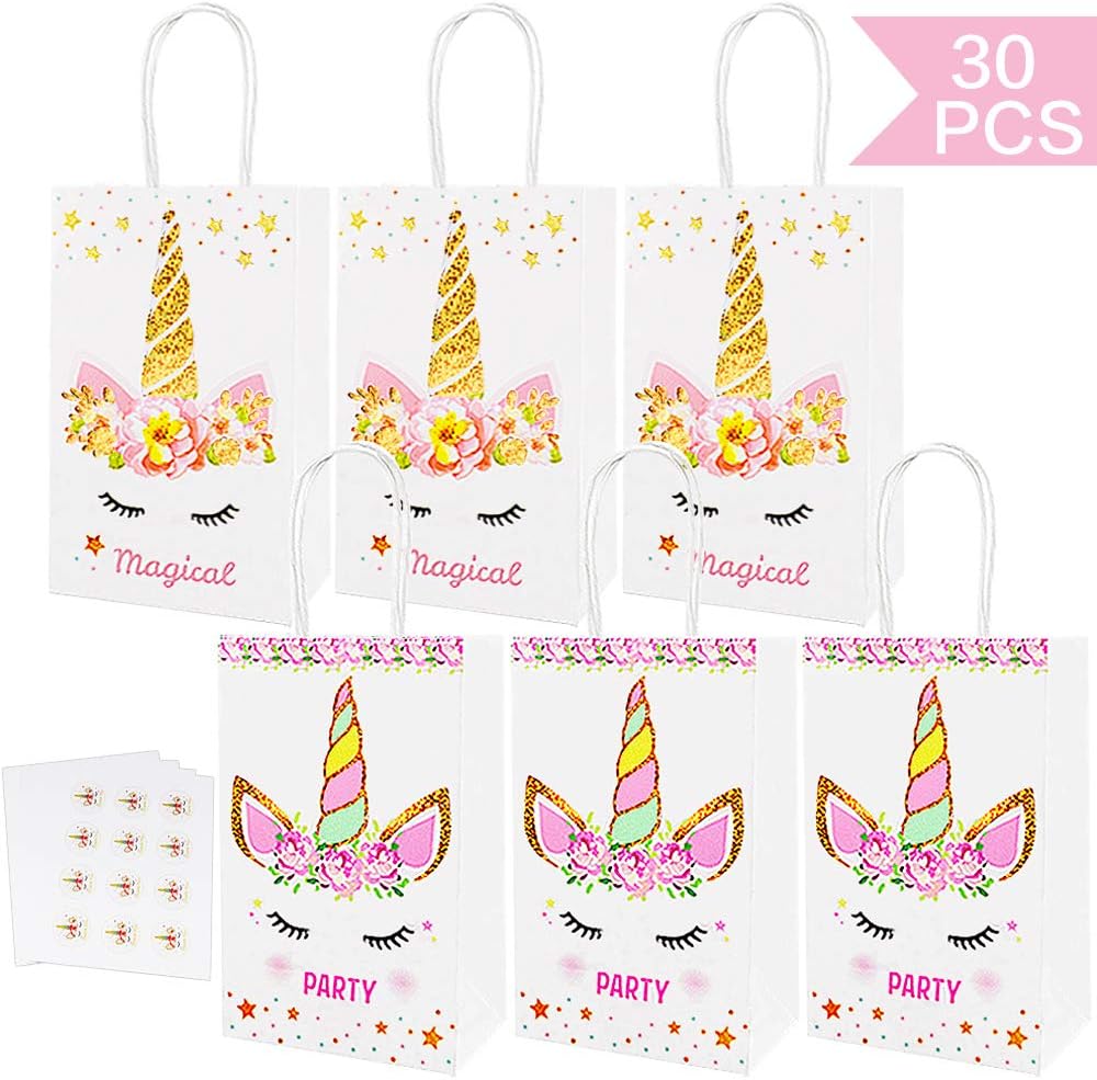 Haojiake 30 Packs Unicorn Gift Bags, Unicorn Paper Bags, Perfect for Unicorn Party Supplies, with 48 Unicorn Thank You Stickers