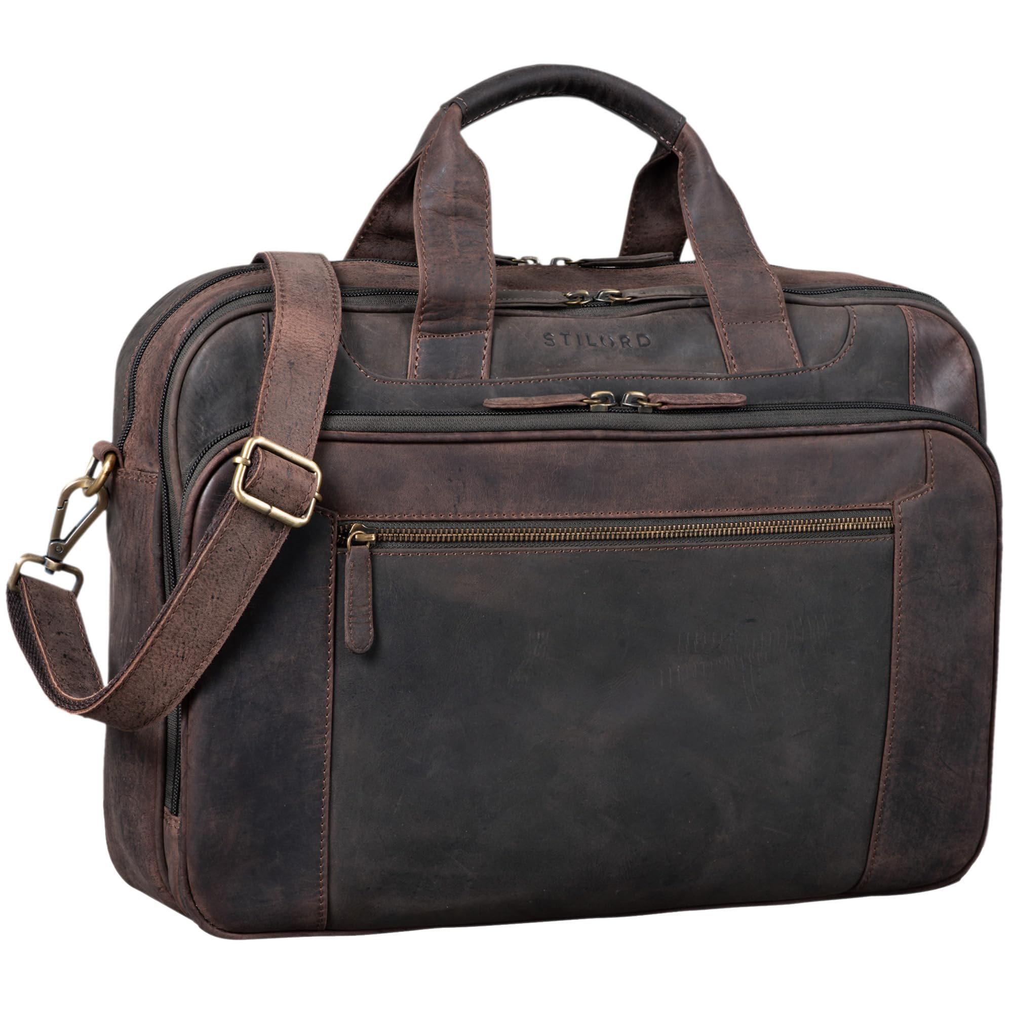 STILORD "Nelson" Business Bag Leather Men Laptop Bag 15.6 inches Portfolio Shoulder Bag Satchel Genuine Leather Colour:Dark - Brown