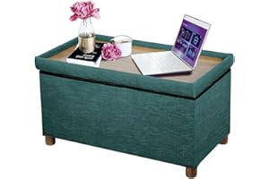 Ao Lei 30 Inches Storage Ottoman Bench, Storage Bench with Wooden Legs for Living Room Ottoman Foot Rest Removeable Lid for Bedroom End of Bed, Linen Fabric Green Color