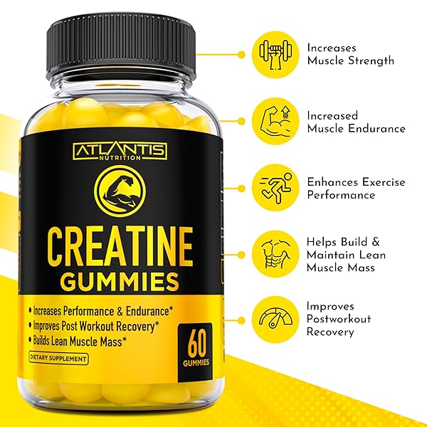 ATLANTIS NUTRITION CREATINE MONOHYDRATE GUMMIES FOR STRENGTH & ATHLETIC PERFORMANCE – 5G CREATINE PER SERVING – BUILD MUSCLE, BOOST PERFORMANCE & ENDURANCE & IMPROVE POST WORKOUT RECOVERY – 120 COUNT