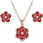 EVEVIC Dainty Flower Pendant Necklace Earrings for Women 14K Gold Plated Hypoallergenic Jewelry Sets