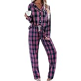 Ekouaer Pajamas Set for Womens 2 Piece Cotton Plaid Pjs Long Sleeve Sleepwear Soft Button Down Loungewear with Pockets