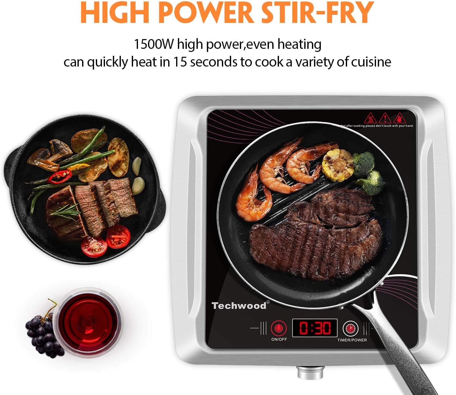 Techwood Hot Plate Electric Stove Single Burner Countertop Infrared Ceramic Cooktop, 1500W Timer and Touch Control, Portable Compatible All Cookware, Ceramic Glass & Stainless Steel Easy to Clean: Kitchen & Dining