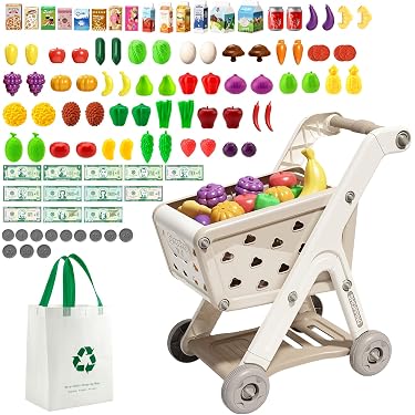 HILABEE Chariot de Courses pour Enfants, Chariot Jouet, Ensemble de Jeu, Chariot de Supermarché, Supermarché avec Accessoire de Jeu