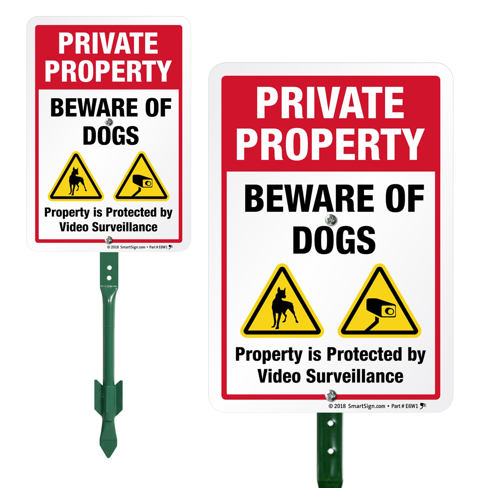 SmartSign Private Property Beware of Dogs Sign with Stake | 21" Tall Sign & Stake Kit - Property Protected by Video Surveillance Sign For Yard/Lawn | 10x7 Inches Aluminum Metal Sign