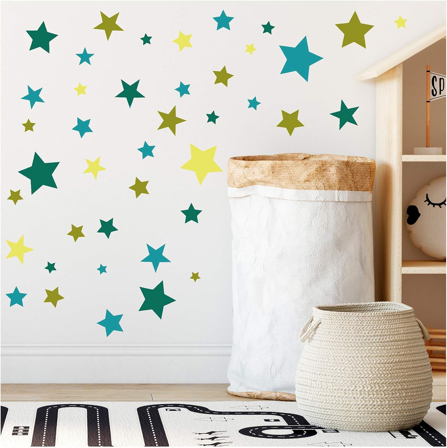 yabaduu Y050-1 120 Star Stickers in Set on 4 DIN A4 Sheets Pastel Sticker Wall Stickers 9-2 cm Each Star Wall Sticker Decoration for Children's Room Baby Room for Boys Girls (Green Blue Yellow)