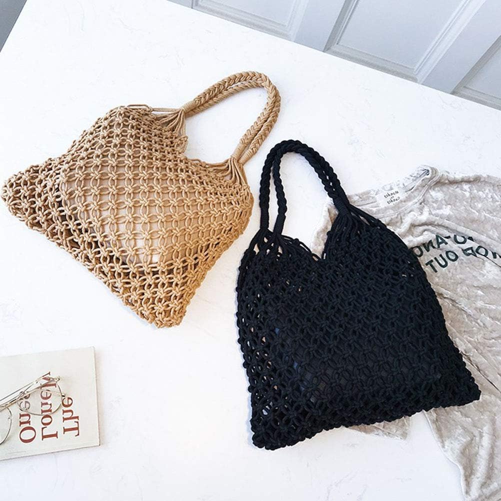 TENDYCOCO Shoulder Bag Mesh Beach Bag Woven Cotton Hollow for Women (Black), Approx. 48 x 35 x 2cm - Image 4