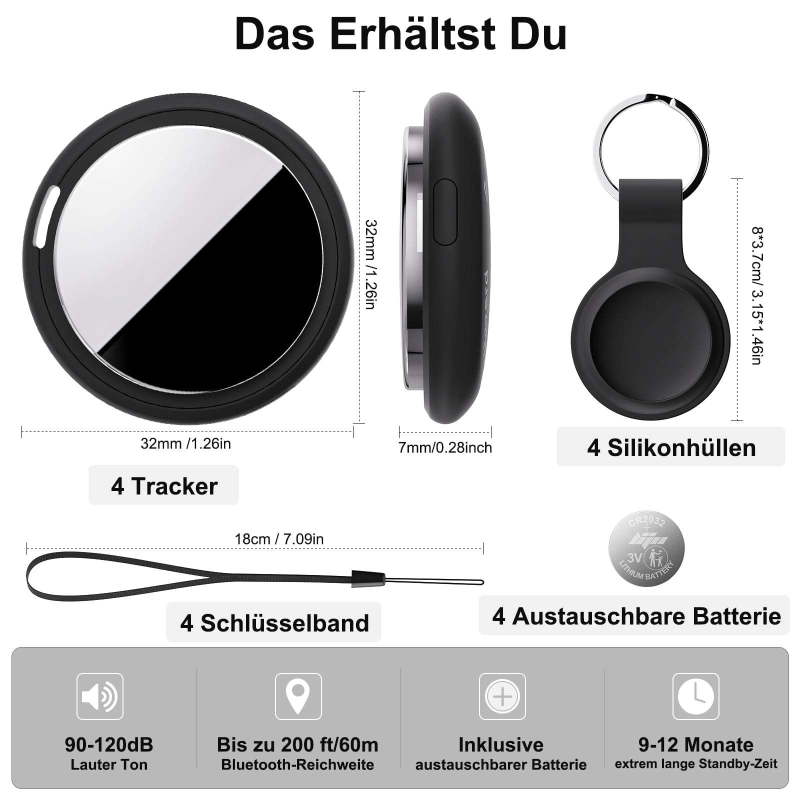 [Apple MFi-Zertifiziert] Air Tracker Tag kompatibel mit Apple Wo ist? (nur iOS) Inklusive Ersatzbatterie, Smart Tracker Tagg Finder für Schlüssel, Fahrrad, Wallet, Koffer, Reisepässe (Schwarz, 4-Pack) 6