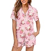 Eheartsgir Women's Short Sleeve Sleepwear Button 2 Piece Plus Size Pajamas Casual Soft Stretchy Funny Nightwear with Pockets