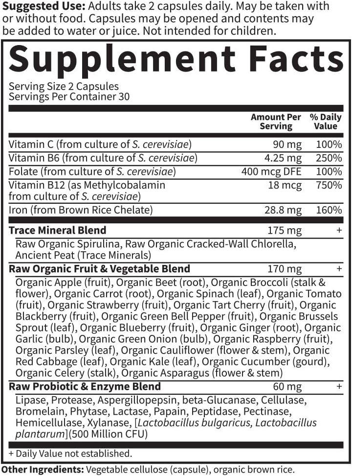 Garden of Life Vitamin Code Iron Supplement, Healthy Blood - 60 Vegan Capsules, 28g Iron, Vitamins B, C, Trace Minerals, Fruit Veggies & Probiotics, Iron Supplements for Women Energy & Anemia Support: Health & Personal Care