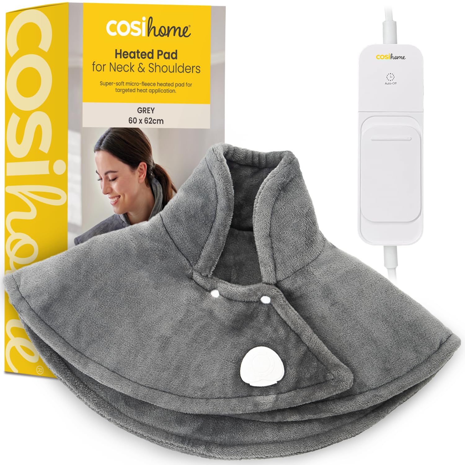 Cosi Home Electric Heat Pad for Neck Pain Relief & Shoulder Pain Relief - 3 Heat Levels, Luxury Fleece, 90min Auto-Off Timer, Overheat Protection, Hand Washable Fast Heating Pad & Neck Warmer, Grey