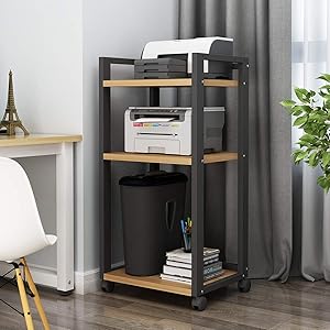 PUNCIA 3-Tier Home Office Printer Stand File Storage Rack with Anti-Skid Pads Floor-Standing Home and Office Organizer Multi-Purpose Office Book Storage Shelf for Fax Scanner Files Stationery (Black)