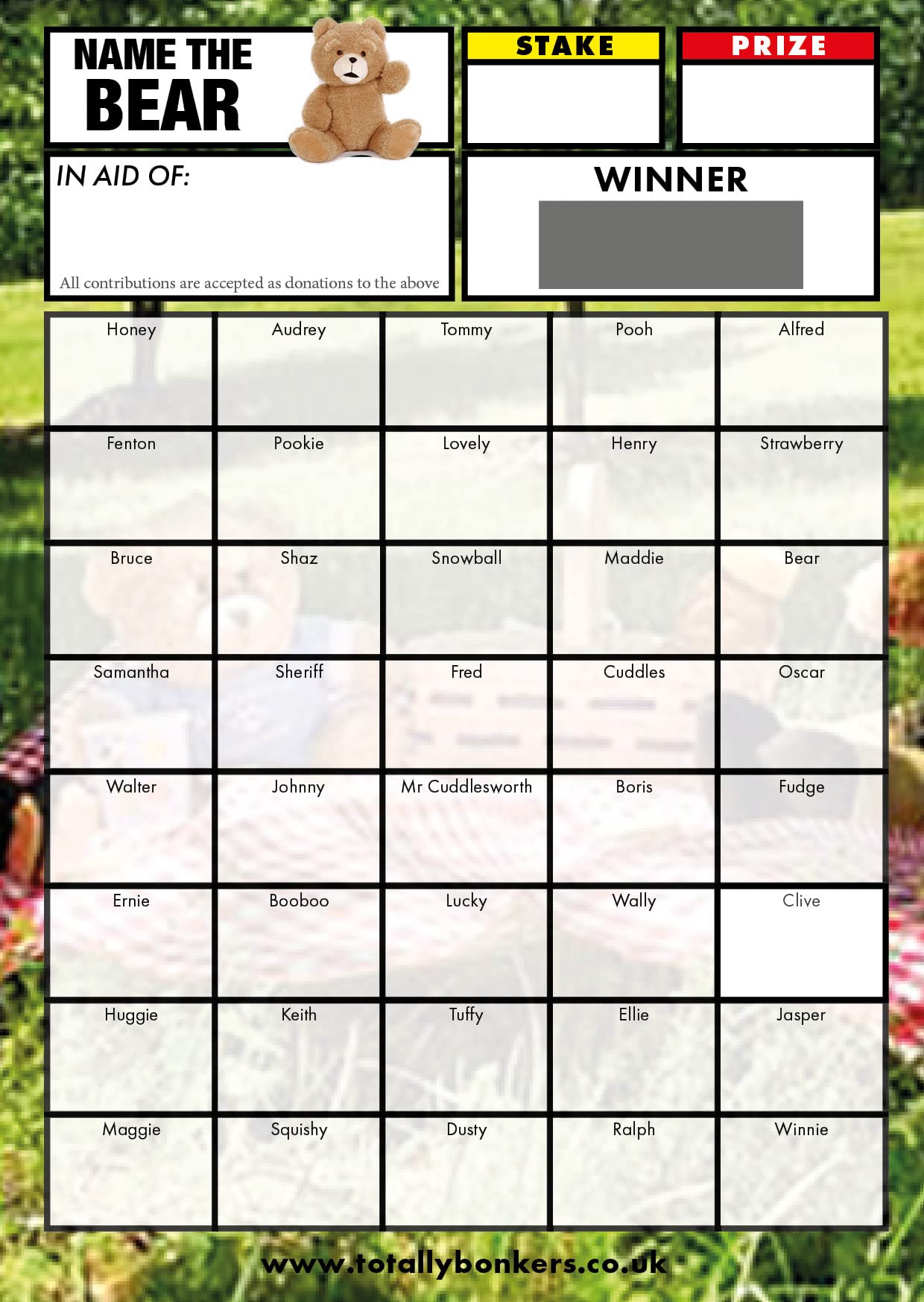 Totally Bonkers - Teddy Bear Fundraising Scratch Card Game - 40 Square - A6 (14.8x10.5cm) - 10 Pack - TB0057 - Blind Card