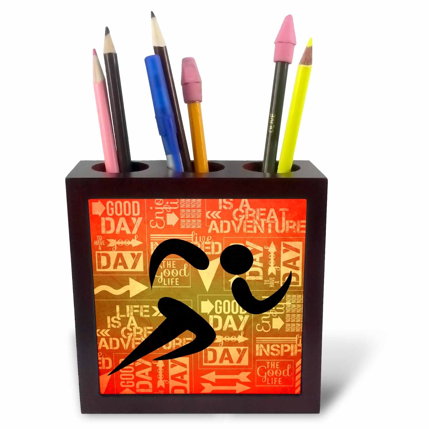 3dRose Marathon Runner Silhouette with Sunset Hues and Adventure Word Art-Tile Pen Holder, 5-Inch (Ph_173208_1)