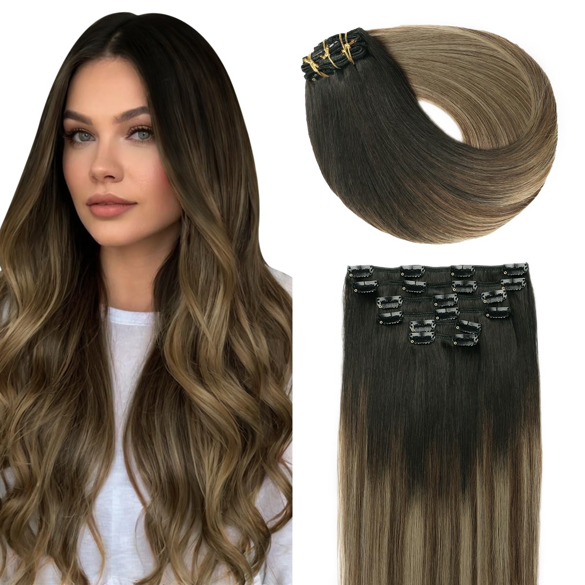 SURNEL Extensions Clip in Real Human Hair 1B Fading to 4 and 27 Real Remy Hair Clip on Extensions Double Weft Human 16 Inch 100g 6pcs (C#1B/4/27,16'') — image 1