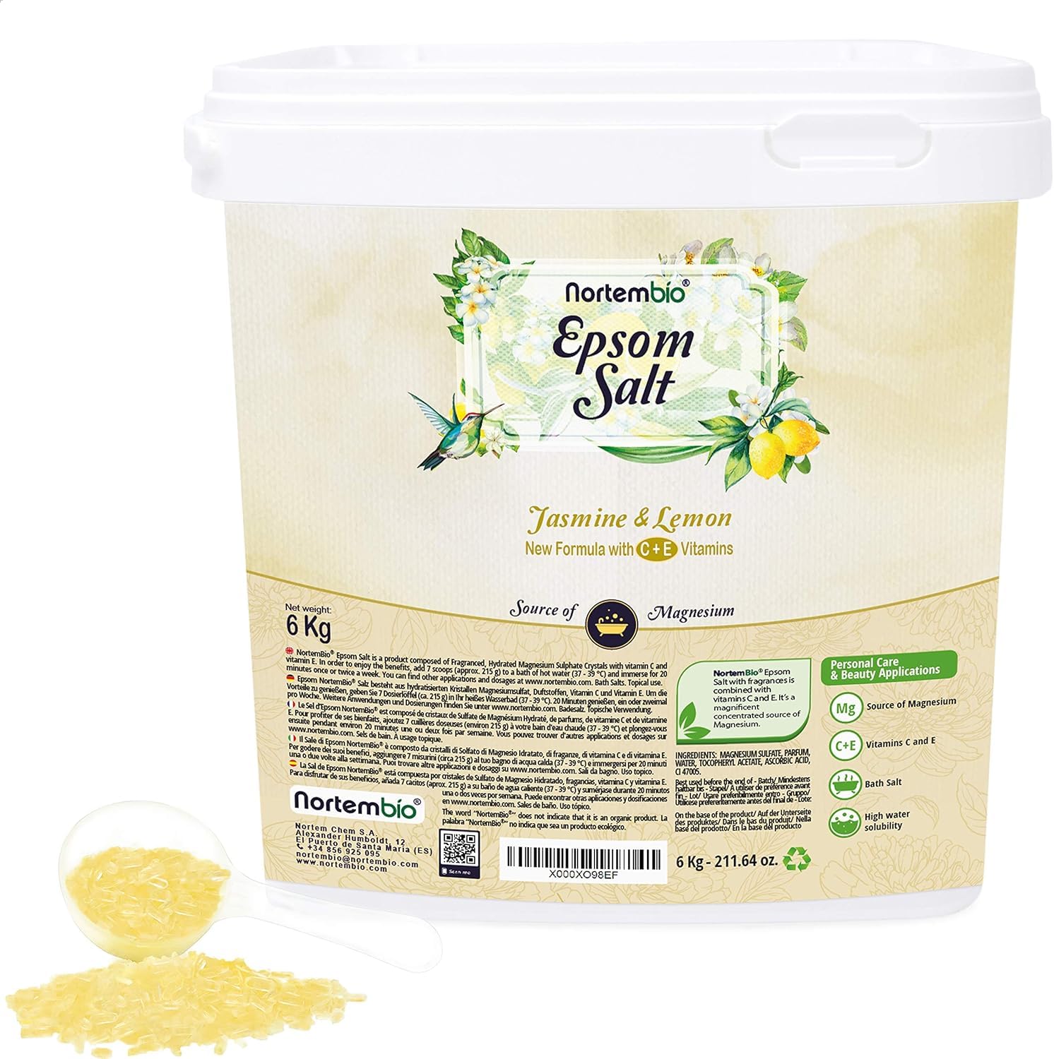 Nortembio Epsom Salt 100% Jasmine & Lemon Fragrance 6 kg – Natural Source of Magnesium | with Moisturizing Vitamin C & E | for Relaxing Baths, Spa & Skincare + Free E-Book