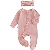 Ayalinggo Newborn Baby Girl Fall Winter Outfits Clothes Knit Jumpsuit Ruffle Romper Newborn Coming Home Outfit for Baby Girl