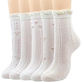 OZS Cute Floral Crew Socks,Comfortable Cotton Ruffle Frilly Socks Women,Bow Crew Socks,Lolita socks for Ladies Girls 5 Pairs.