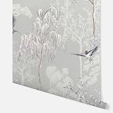 Arthouse Japanese Garden Grey Wallpaper Hand Drawn Trees Birds Pearlescent view 3