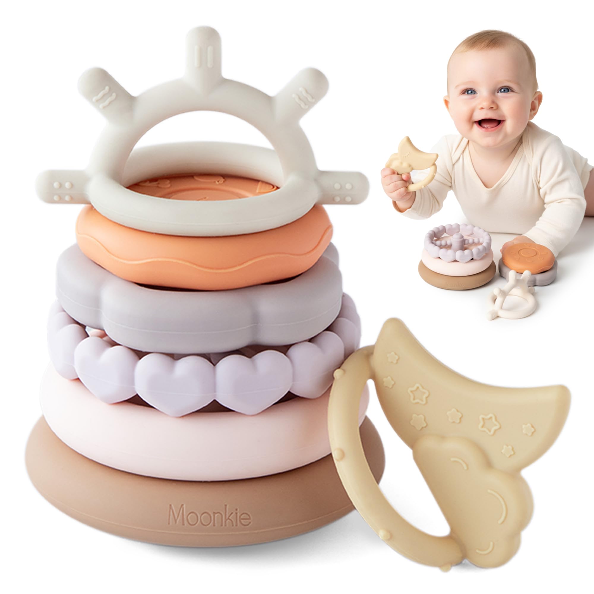 Moonkie Stacks of Circles Soft Teething Toy | Educational Learning Baby Toy | Stacking Ring Toys for Babies Boy and Girl | 7 Piece Teethers Set (Nature)