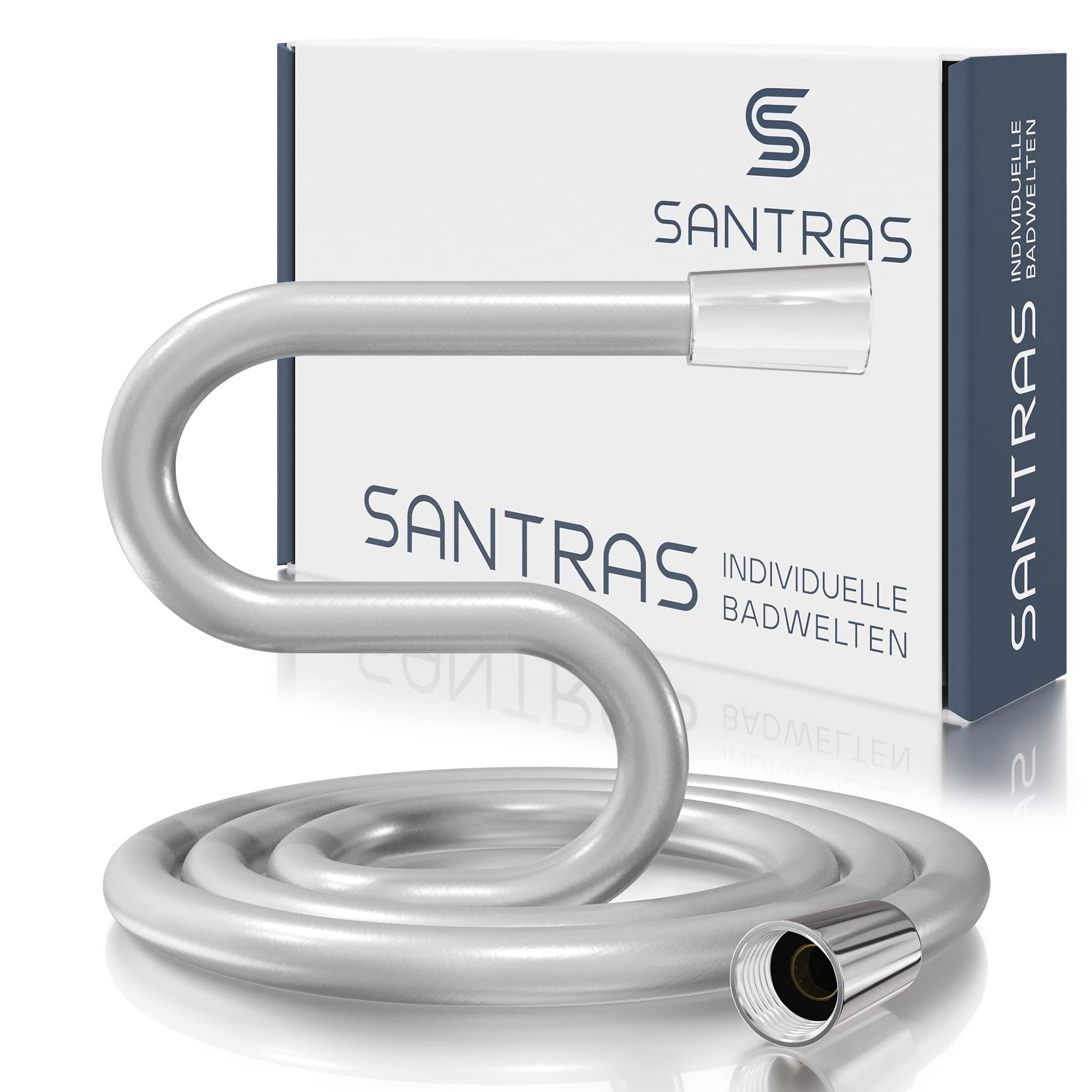 SANTRAS® Shower Hose Premium Chrome 3.00 m Made in Germany with Water Saver - Especially Flexible and Twist-Proof with Flow Limiter - Shower Hose in Stainless Steel Look Made of Easy Clean Material