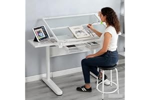 Gagawin Glass Drafting Table, Upgraded Hand Crank Adjustable Height Drawing Table Artist Table with Stool for Home Office, Tilting Art Craft Desk w/2 Storage Drawers and Side Table, Type 3-White