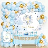 Fiesec Baptism Decorations for Boys &ndash; 102PCs Blue First Communion Christening Party Supplies with God Bless Backdrop, Banner, Balloon Garland, Poster, Cake, Cupcake, Topper