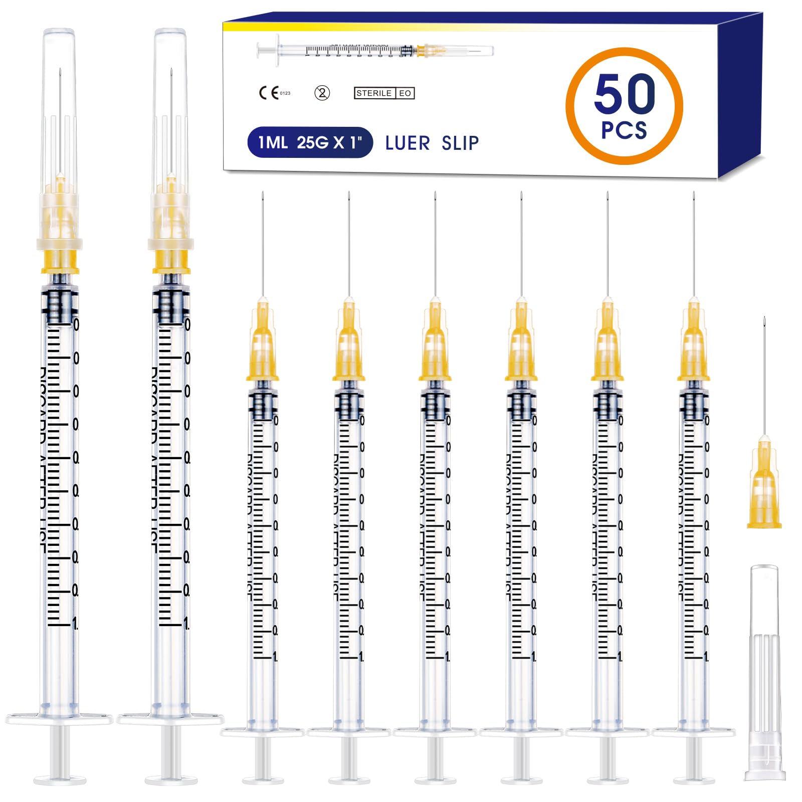 50 Pack 1ml Syringes with Needle-25Ga 1