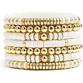 Nojess Stack Beaded Bracelets for Women Heishi Stretch Bracelets 14K Gold Plated Boho Beach Layered Waterproof Bracelet Beach Summer Surfer Bracelet Set Jewelry