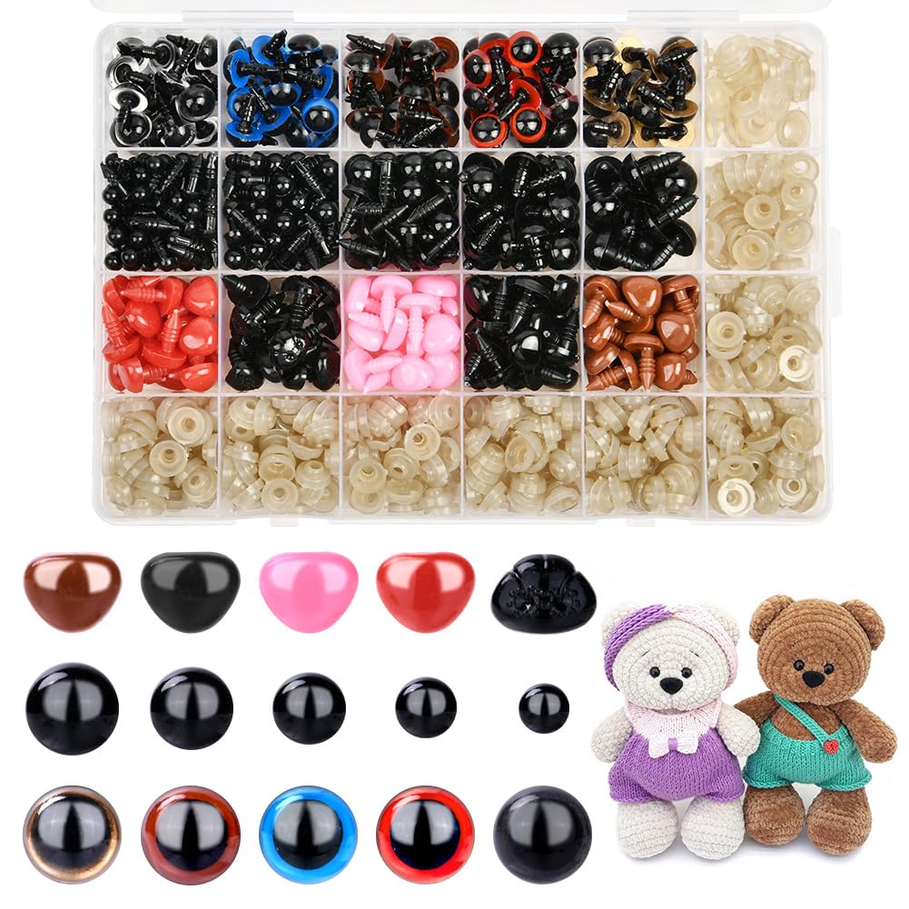 OSDUE 752PCS Safety Eyes and Noses,Washers Set for Toy Making, Colorful Plastic Crochet Animals Chromatic Plastic Button Eyes for Sewing Soft Toy Making Crochet Crafts, Amigurumi, Doll