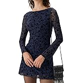 RIHOAS Womens Floral Mesh Mini Dress Long Sleeve Boat Neck Wedding Guest Dress Bodycon Party Cocktail Mini Dresses