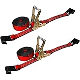 Mega Cargo Control Flat Hook Heavy Duty Ratchet Straps - 2 Inch x 50 Feet - Red Tie Downs for Flatbed Trailers, Vehicle Securing, DIY, Construction