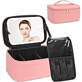 Makeup Bag With LED Mirror, Travel Makeup Bag With 3 Color Setting Light Up Mirror Cosmetic Makeup Organizer Vanity Case for Women Beauty Tools Accessories Rechargeable Makeup Travel Bag - Pink