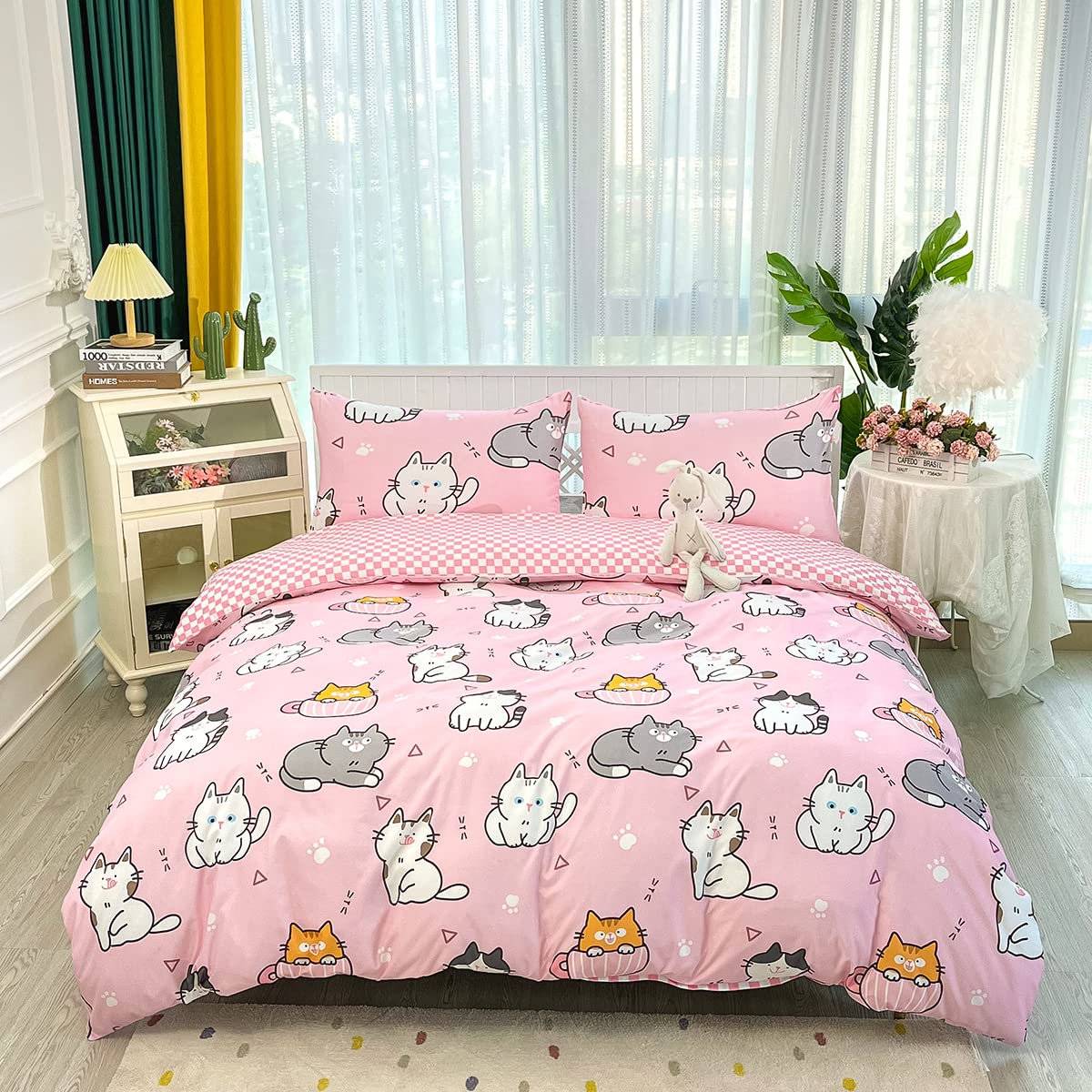 HOSIMA Kids Duvet Cover Set,Pink Cats Duvet Cover Single Size, 3 pcs Kawaii Cat Bedding Set for Girls Boys